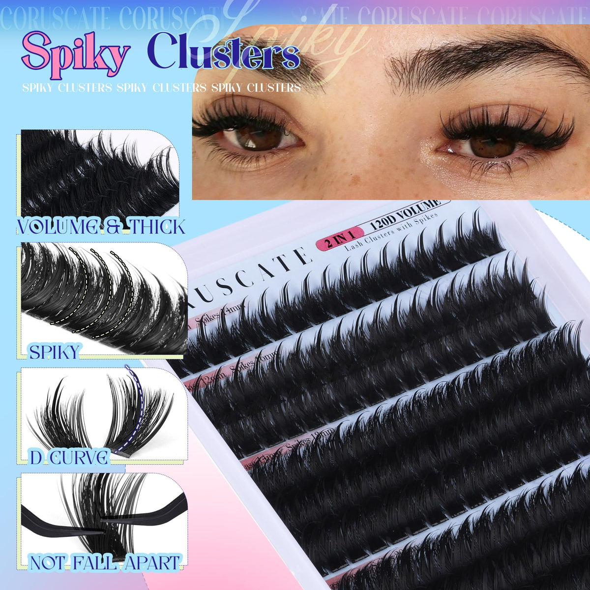 CORUSCATE finished cat-eye look on model showing lifted outer spikes