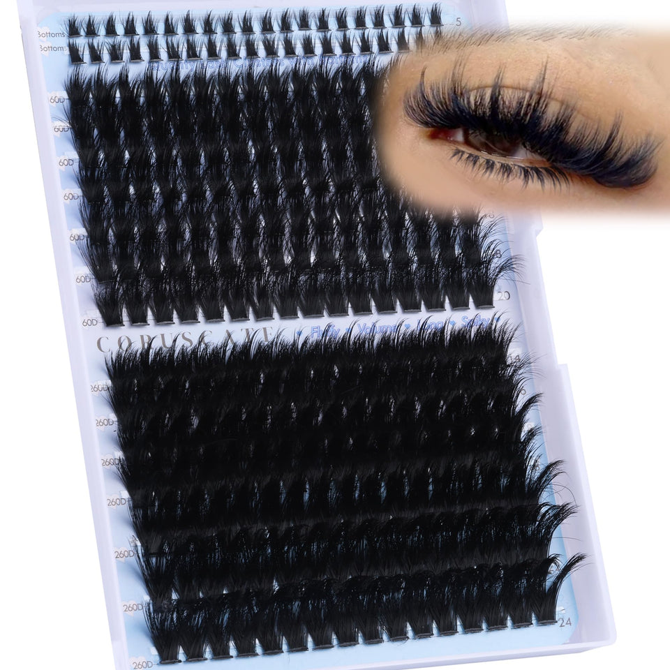 CORUSCATE front packaging of spike cluster lashes showing set contents and benefit of full volume