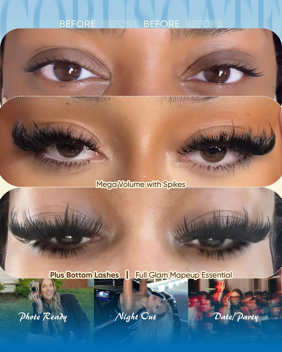 CORUSCATE lifestyle model wearing lashes for a bold evening look benefit