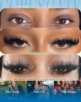 CORUSCATE lifestyle model wearing lashes for a bold evening look benefit