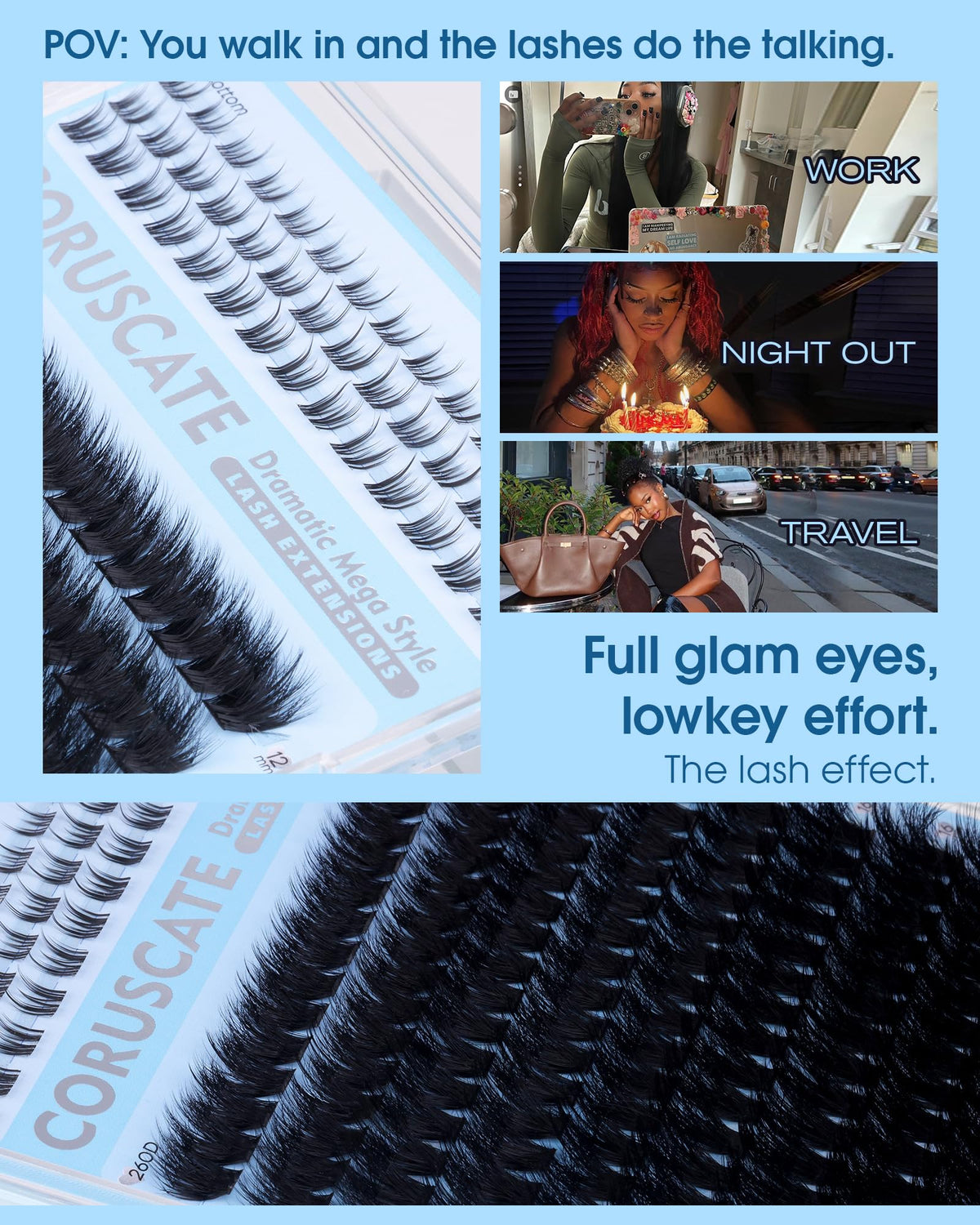 CORUSCATE tweezers placing a cluster showing precise application and long-wear benefit