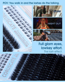 CORUSCATE tweezers placing a cluster showing precise application and long-wear benefit