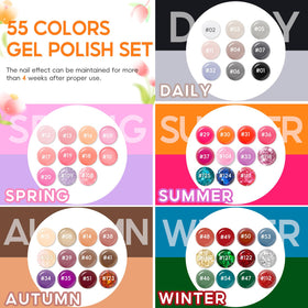 COSCELIA color array flatlay displaying 55 shades for endless styling options