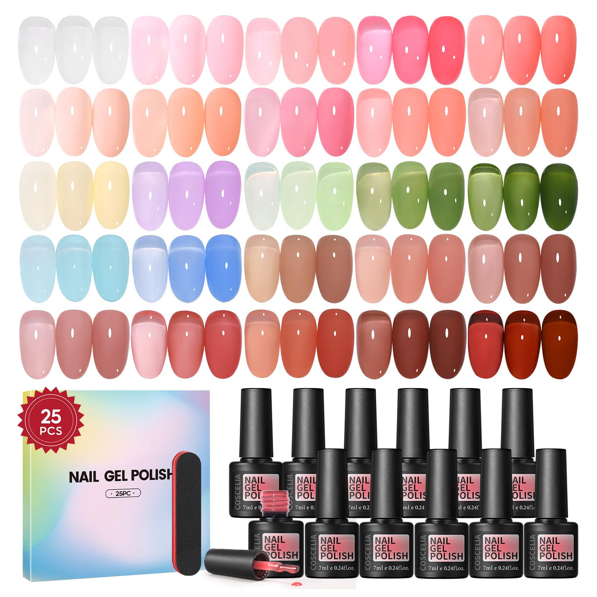 COSCELIA front packaging showing 25 jelly gel polish colors and complete kit benefit