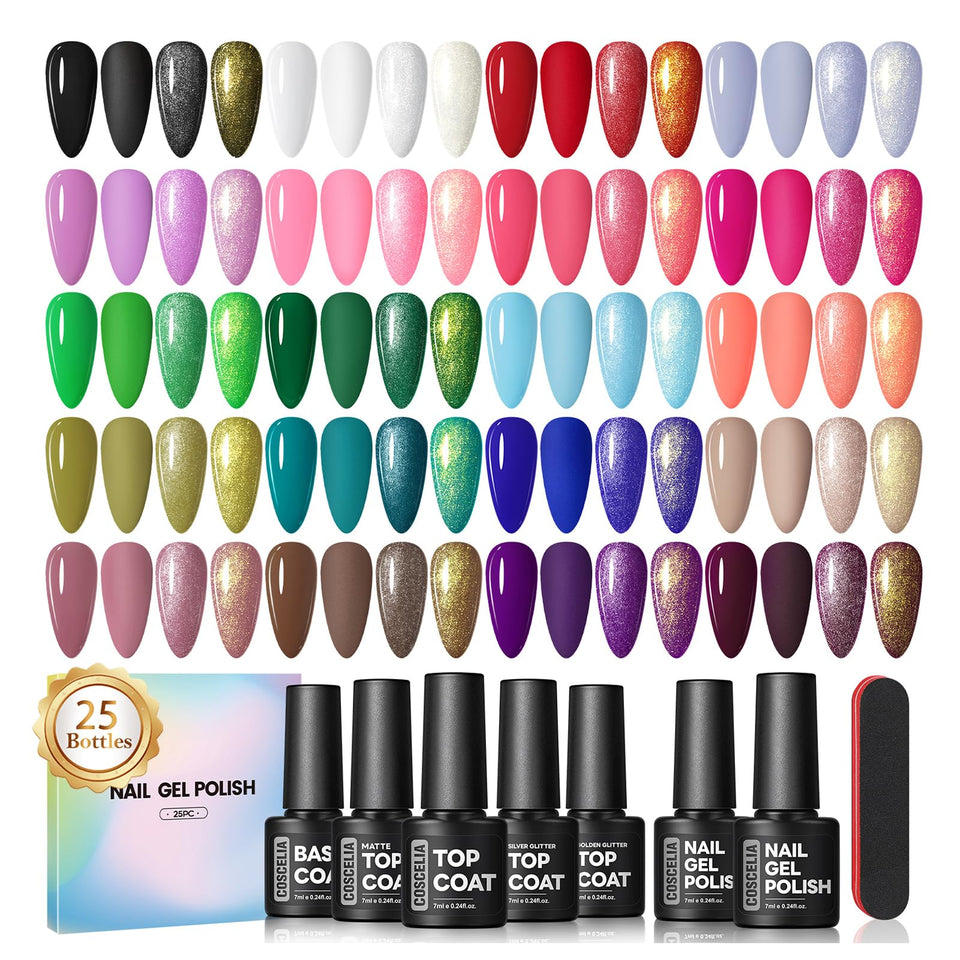 COSCELIA front packaging showing full 25-piece kit and colors for versatile manicures