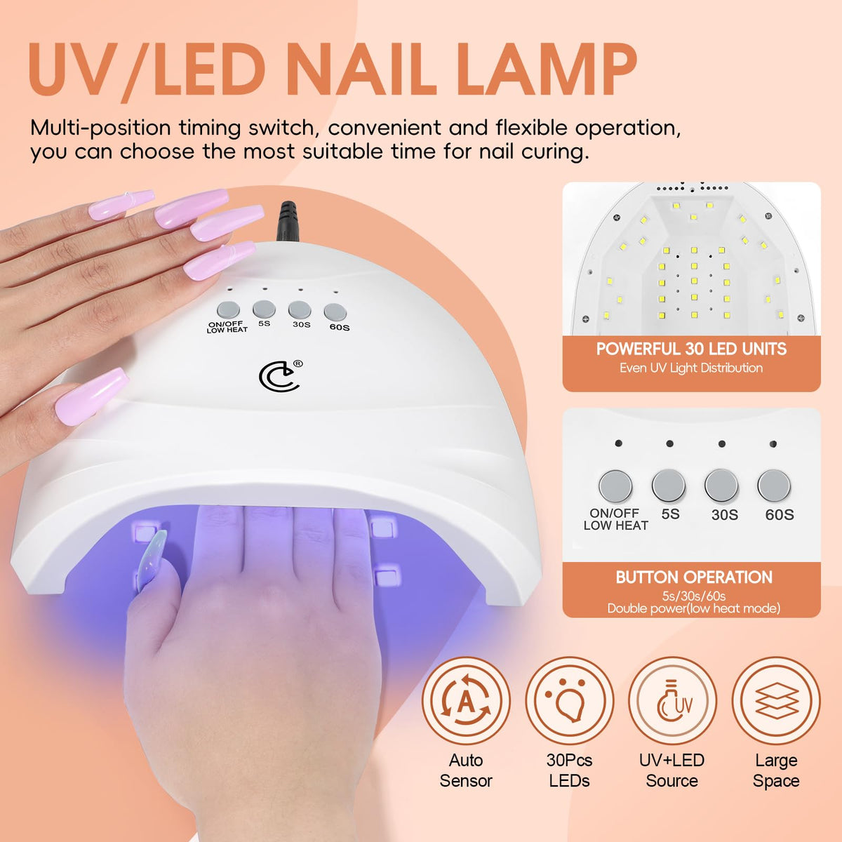 COSCELIA user curing nails at home, illustrates easy salon results and portability