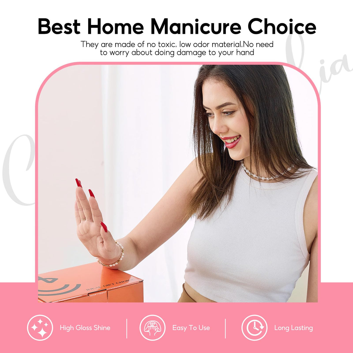 COSCELIA manicure in use on hand model demonstrating salon-quality results at home
