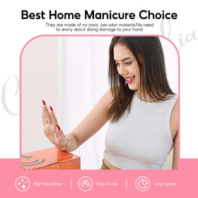 COSCELIA manicure in use on hand model demonstrating salon-quality results at home