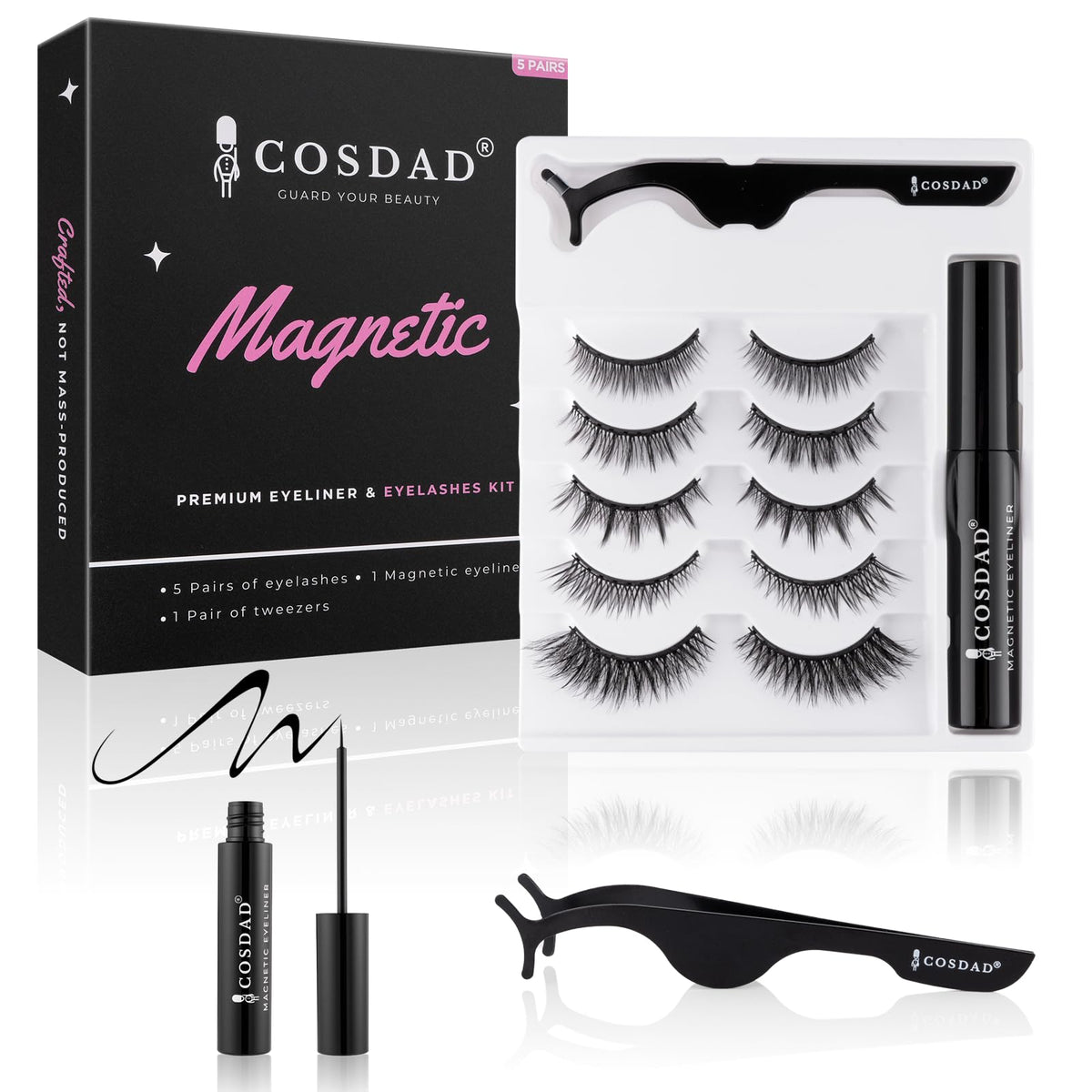 COSDAD front packaging showing five-pair magnetic lashes and eyeliner, clear value