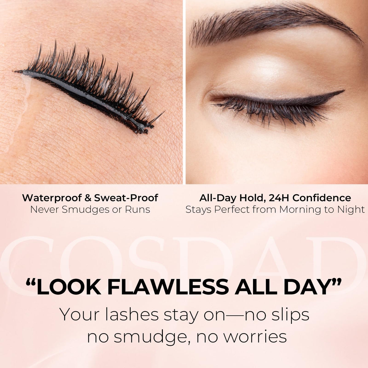 COSDAD lashes applied on model showing natural volume and blended finish