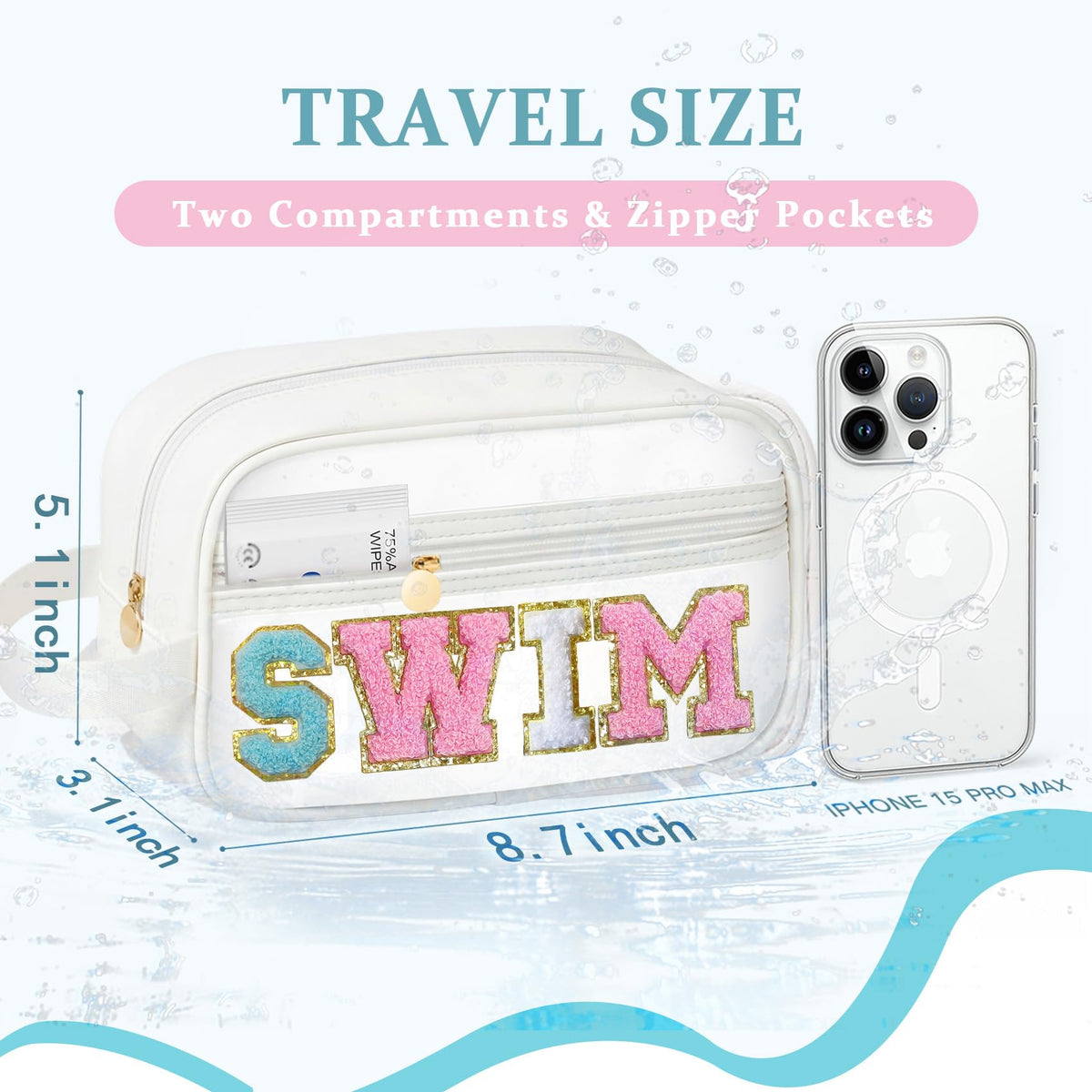 COSHAYSOO chenille SWIM lettering close-up showing durable stitched detail and style
