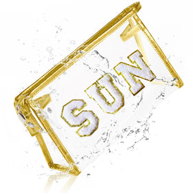 COSHAYSOO clear pouch front view showing golden SUN chenille and waterproof benefit