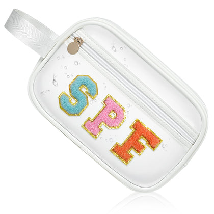 COSHAYSOO front view clear bag showing organized sunscreens for quick access