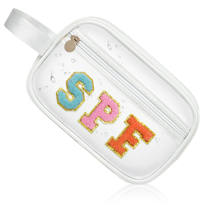 COSHAYSOO front view clear bag showing organized sunscreens for quick access