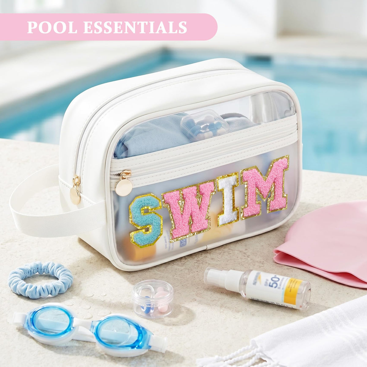 COSHAYSOO bag beside sunscreen bottle to show compact dimensions and packing capacity