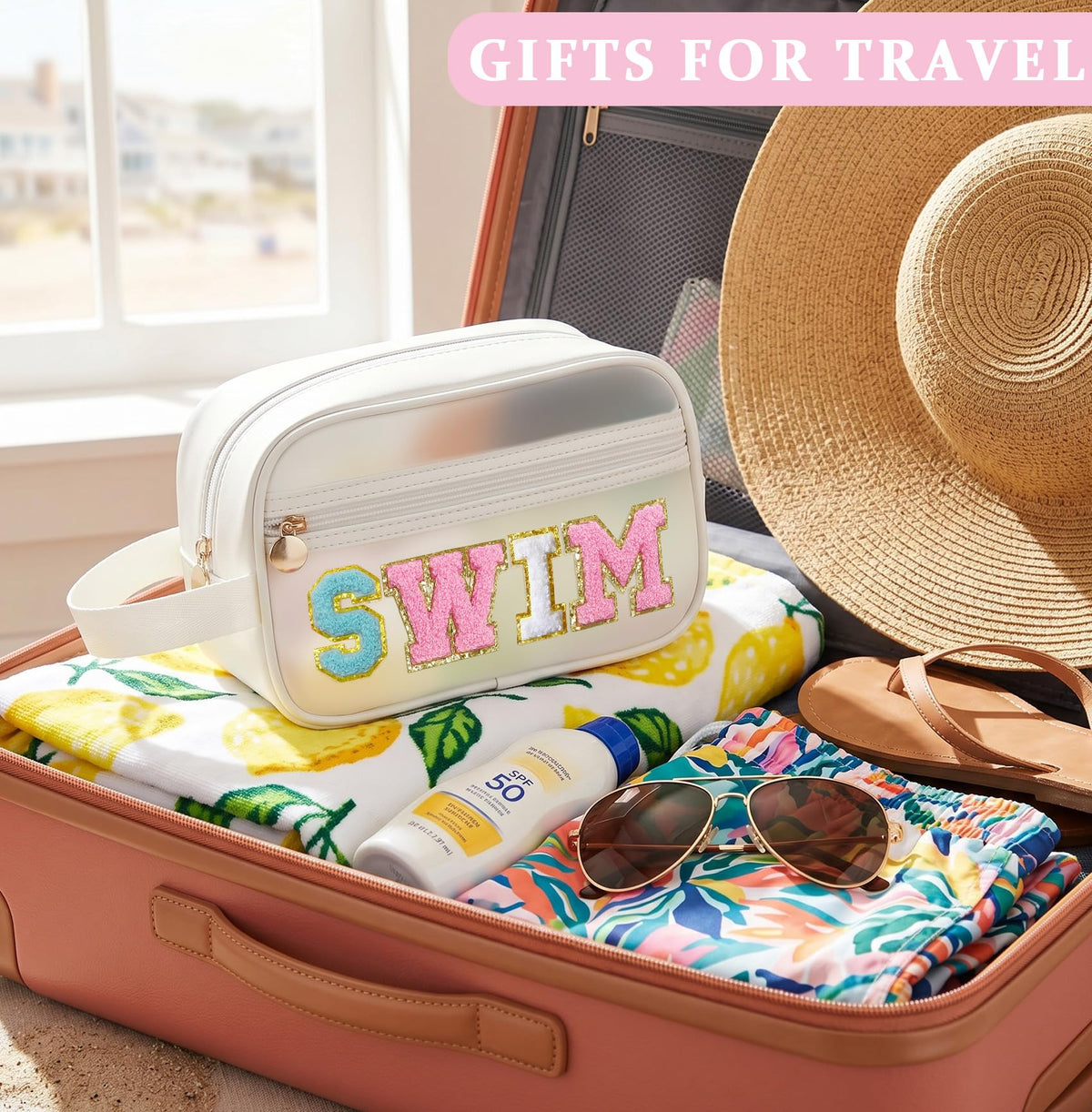 COSHAYSOO travel lifestyle scene on beach towel showing waterproof protection for toiletries