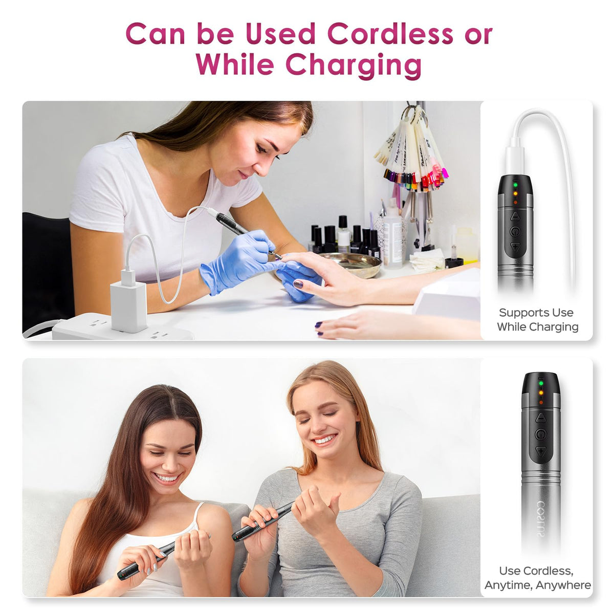 COSLUS C20 laid out with six bits and sanding bands for versatile nail work