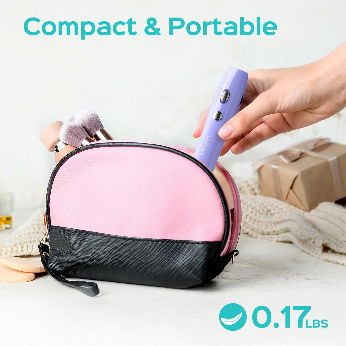COSLUS C42 next to a hand to show compact lightweight scale and portability benefit