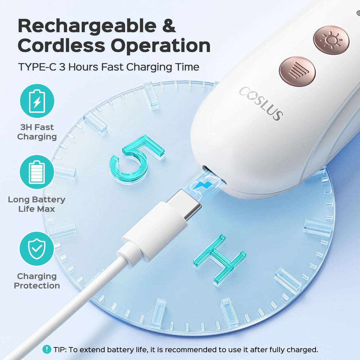 COSLUS Type-C charging port image showing fast recharge convenience and portability
