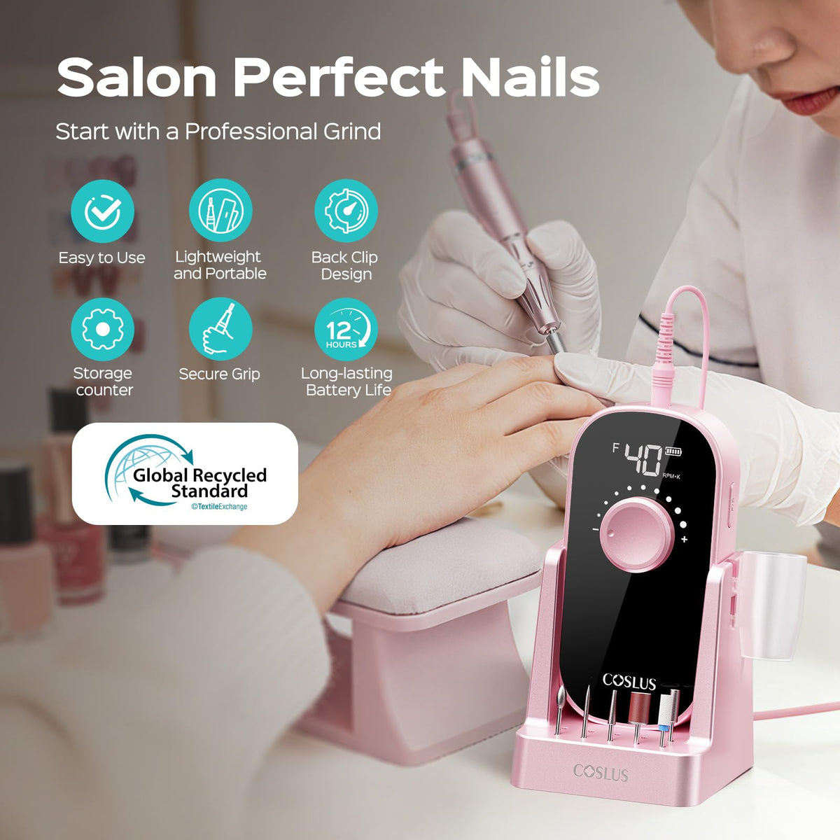 COSLUS kit bits and 31 sanding bands offering versatile manicure options
