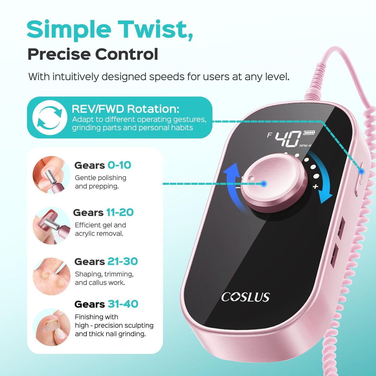 COSLUS e-file in use during gel removal demonstrating smooth performance