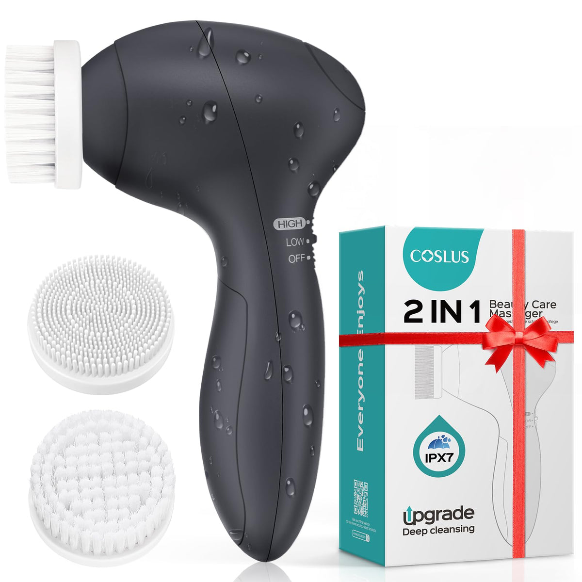 COSLUS front view of the facial scrubber showing ergonomic grip and compact design benefit