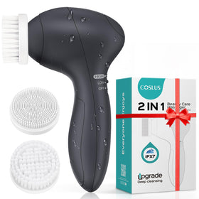 COSLUS front view of the facial scrubber showing ergonomic grip and compact design benefit
