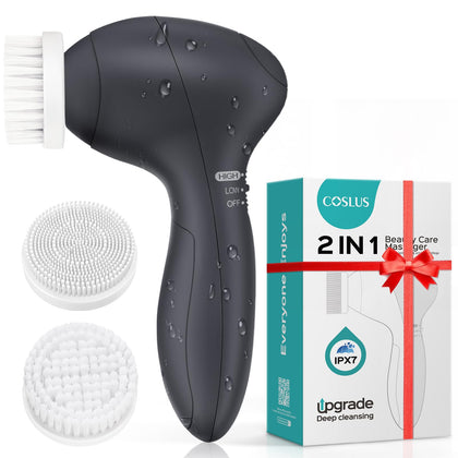COSLUS front view of the facial scrubber showing ergonomic grip and compact design benefit