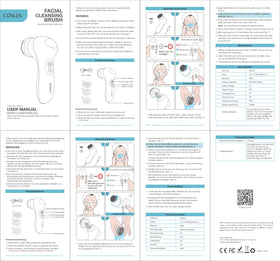 COSLUS packaging and contents layout showing included brush heads and charging cable