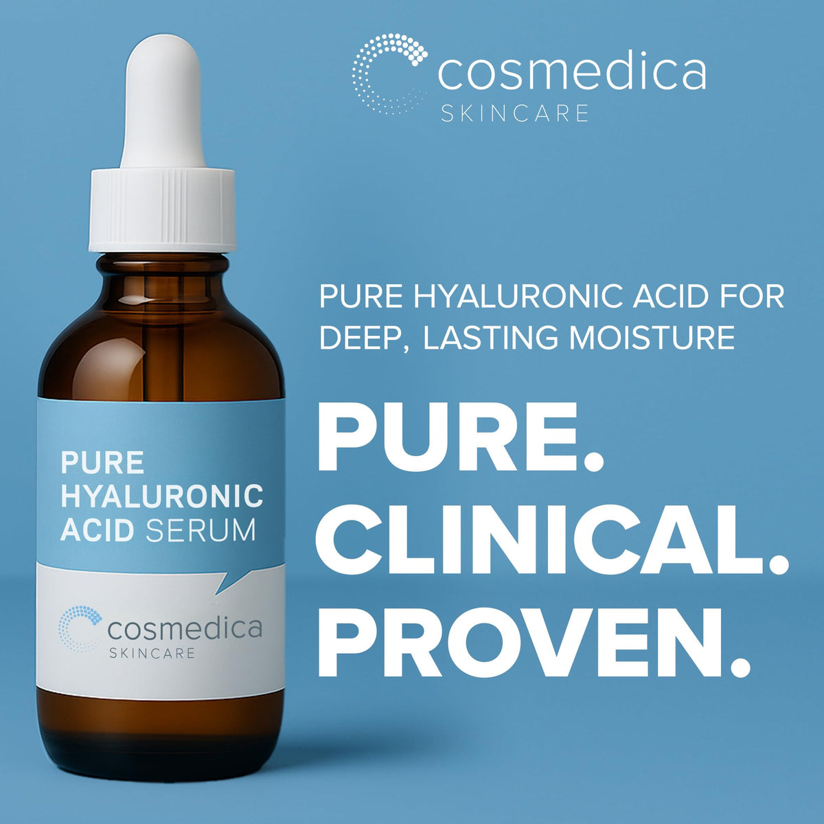Cosmedica Skincare dropper releasing clear hyaluronic serum for precise application