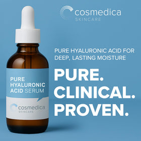 Cosmedica Skincare dropper releasing clear hyaluronic serum for precise application
