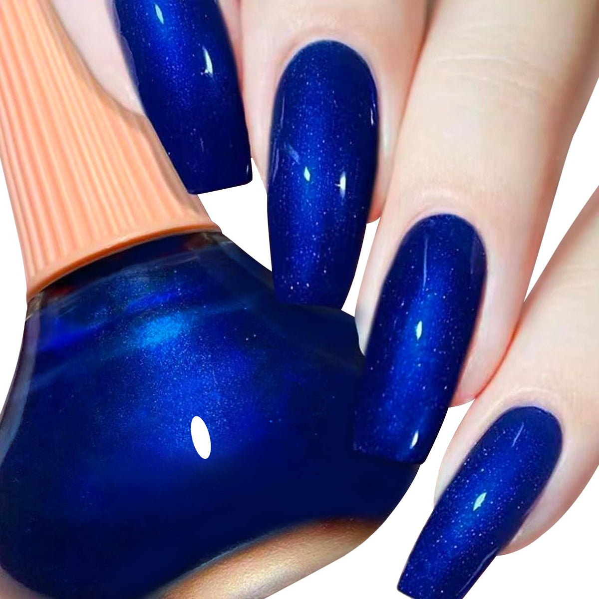COSMOO front bottle showing royal blue shimmer and glossy finish for bold nails