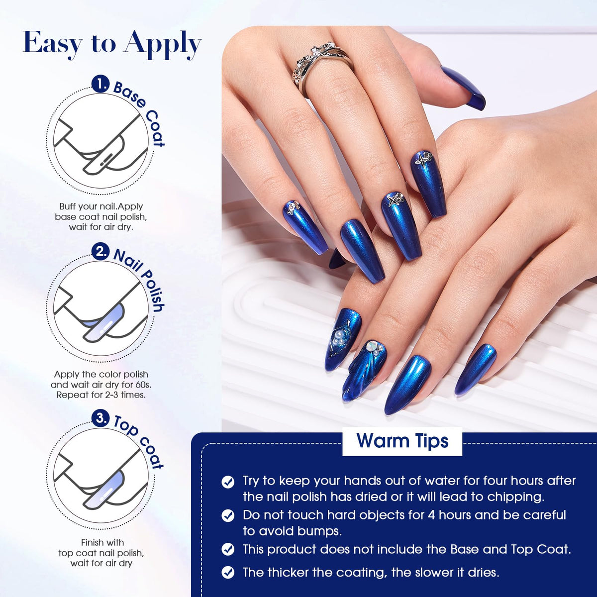 COSMOO nails styled for evening wear showing luminous blue finish for events