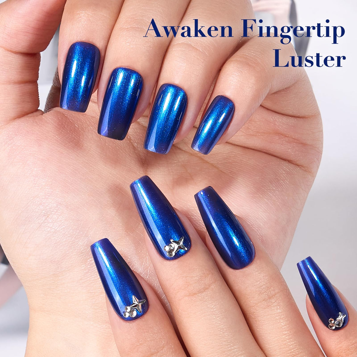 COSMOO swatch painted on hand showing reflective cobalt color and wear appeal
