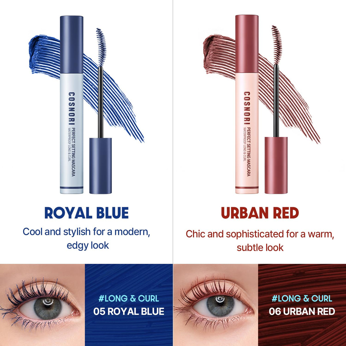 COSNORI before and after lashes demonstrating lift and defined curl benefit
