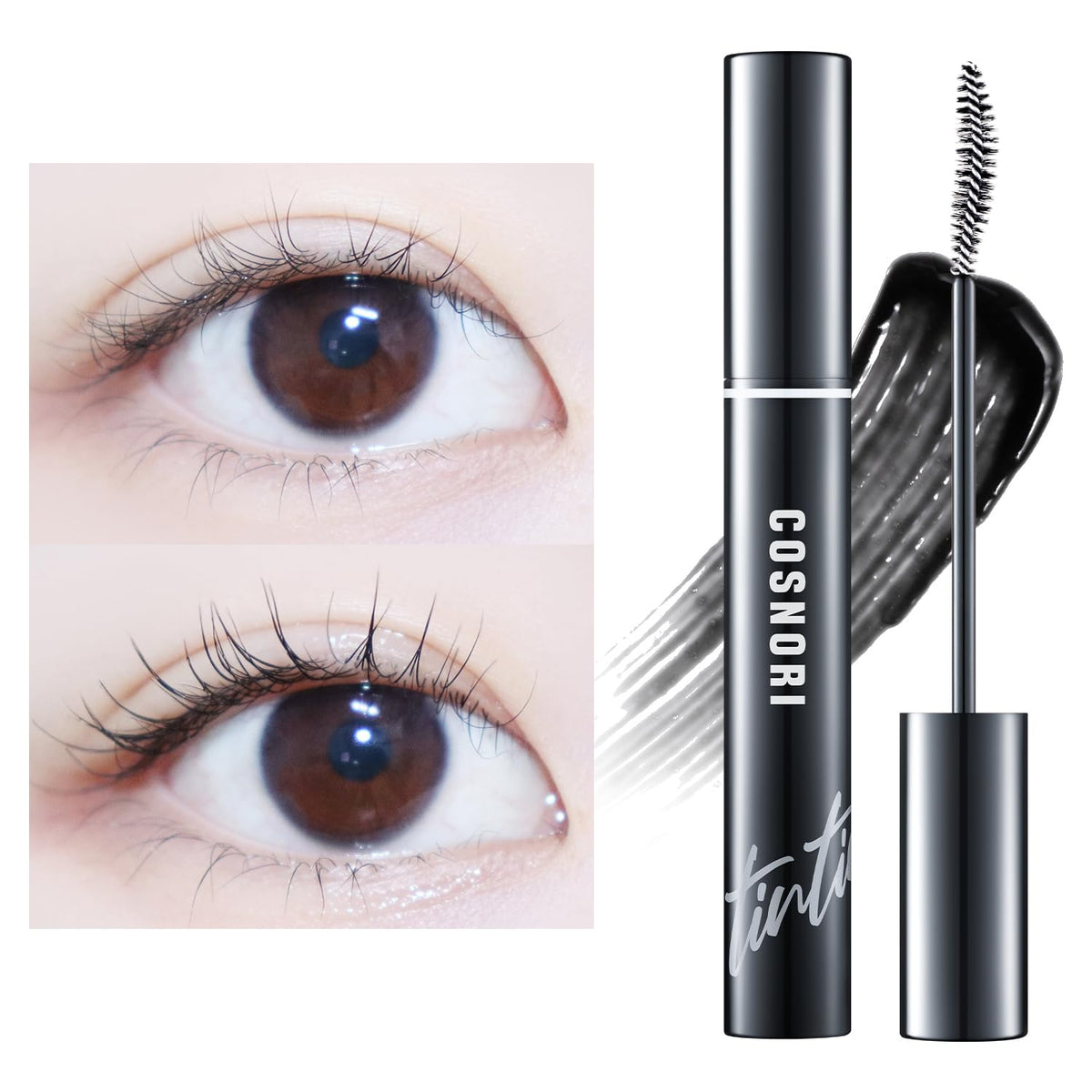 COSNORI before and after lashes showing darker, defined lashes