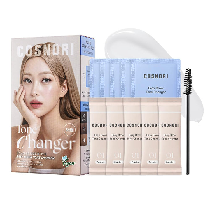 COSNORI front packaging showing five single-use brow bleach kits for quick touch-ups