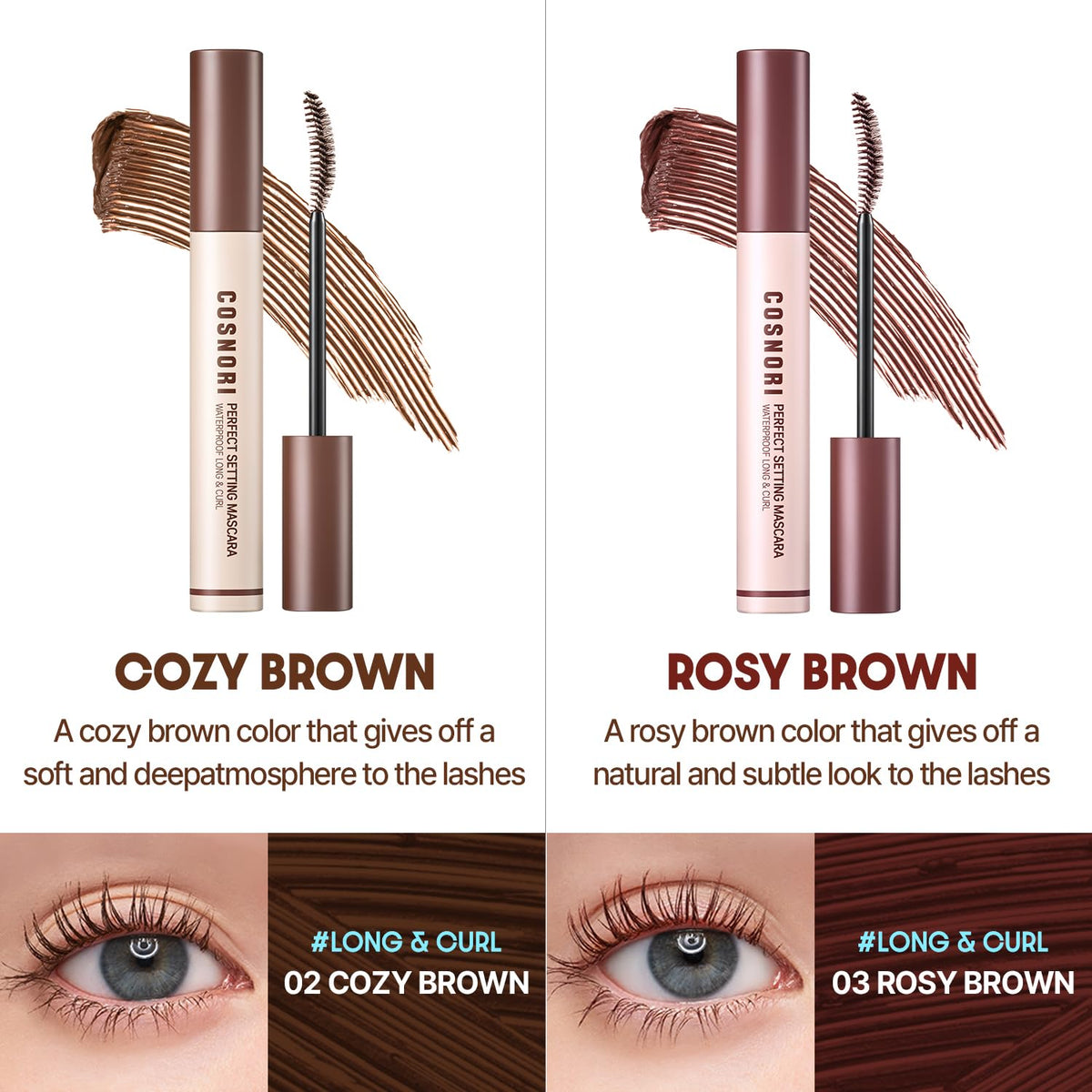 COSNORI mascara wand with product on bristles illustrating smooth application