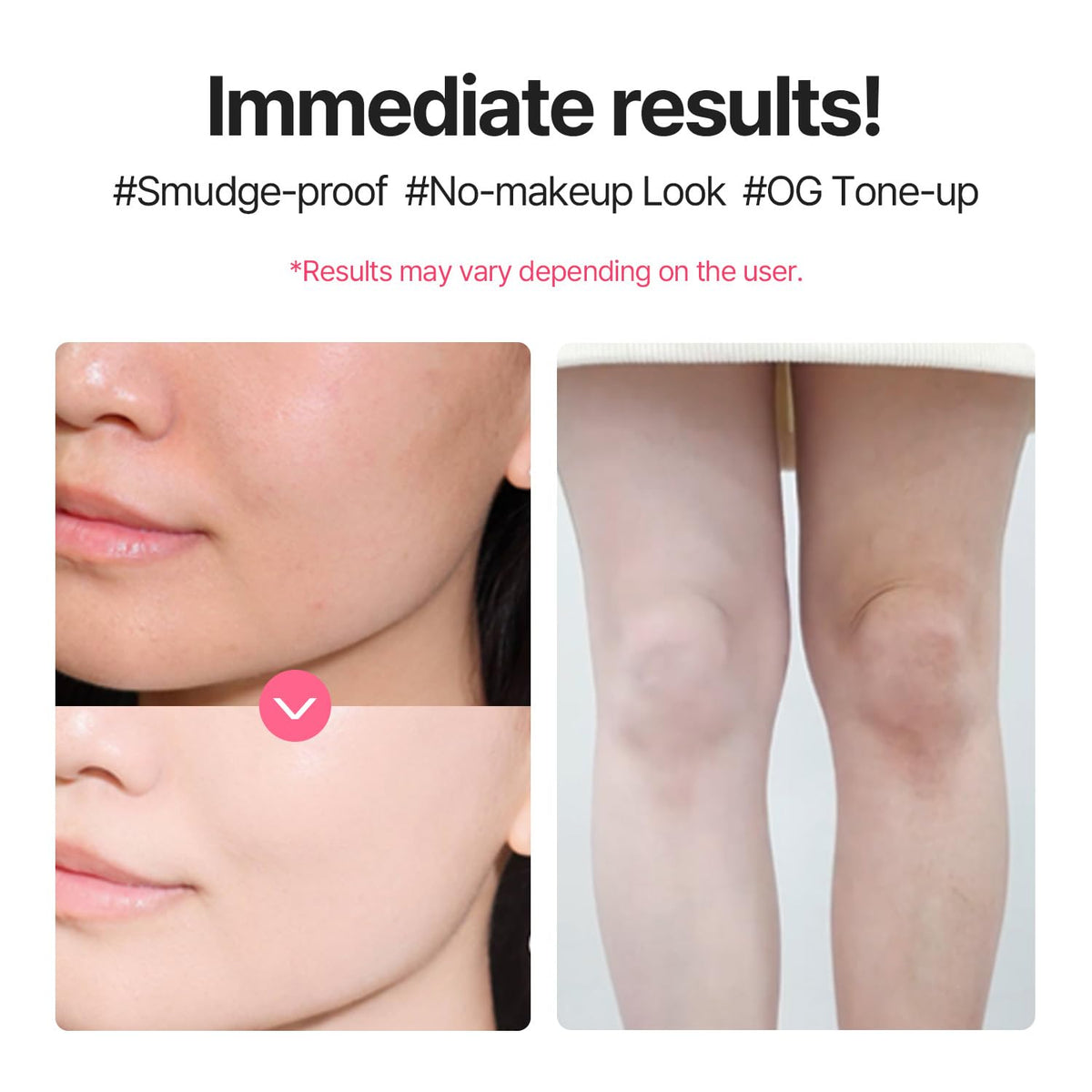 COSNORI swatch on forearm showing tone-up effect and natural luminous finish