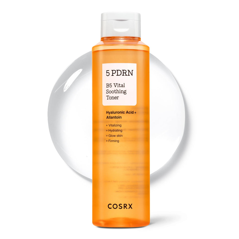 COSRX bottle front view showing clean packaging and calming toner benefits