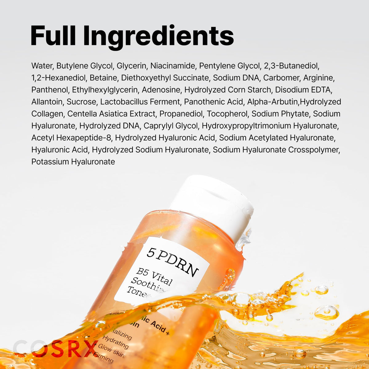 COSRX product box and bottle showing retail packaging and ingredient callouts