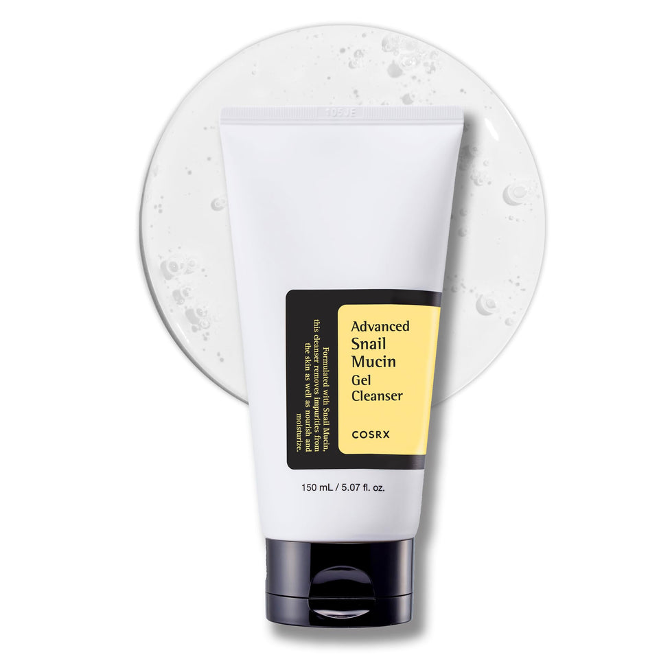 COSRX front packaging of Advanced Snail Mucin Gel Cleanser showing bottle benefits