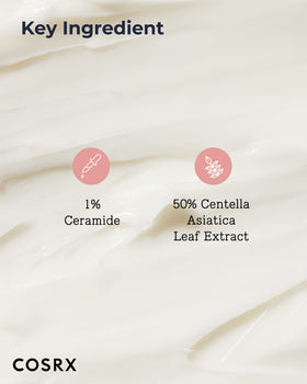 COSRX label highlighting Centella Asiatica Leaf Water and ceramide benefits for soothing