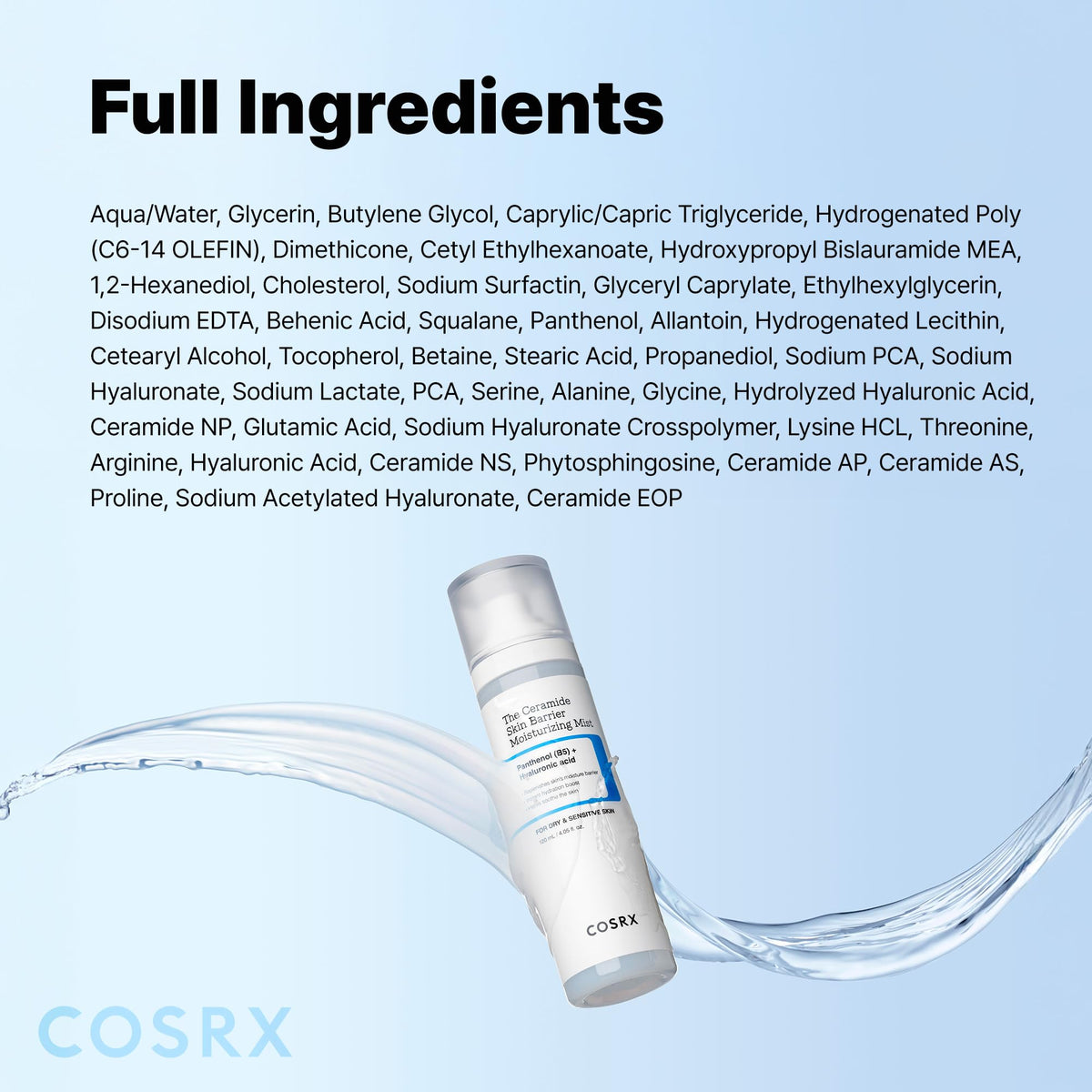 COSRX ingredient label close-up listing ceramides and hyaluronic acid benefits