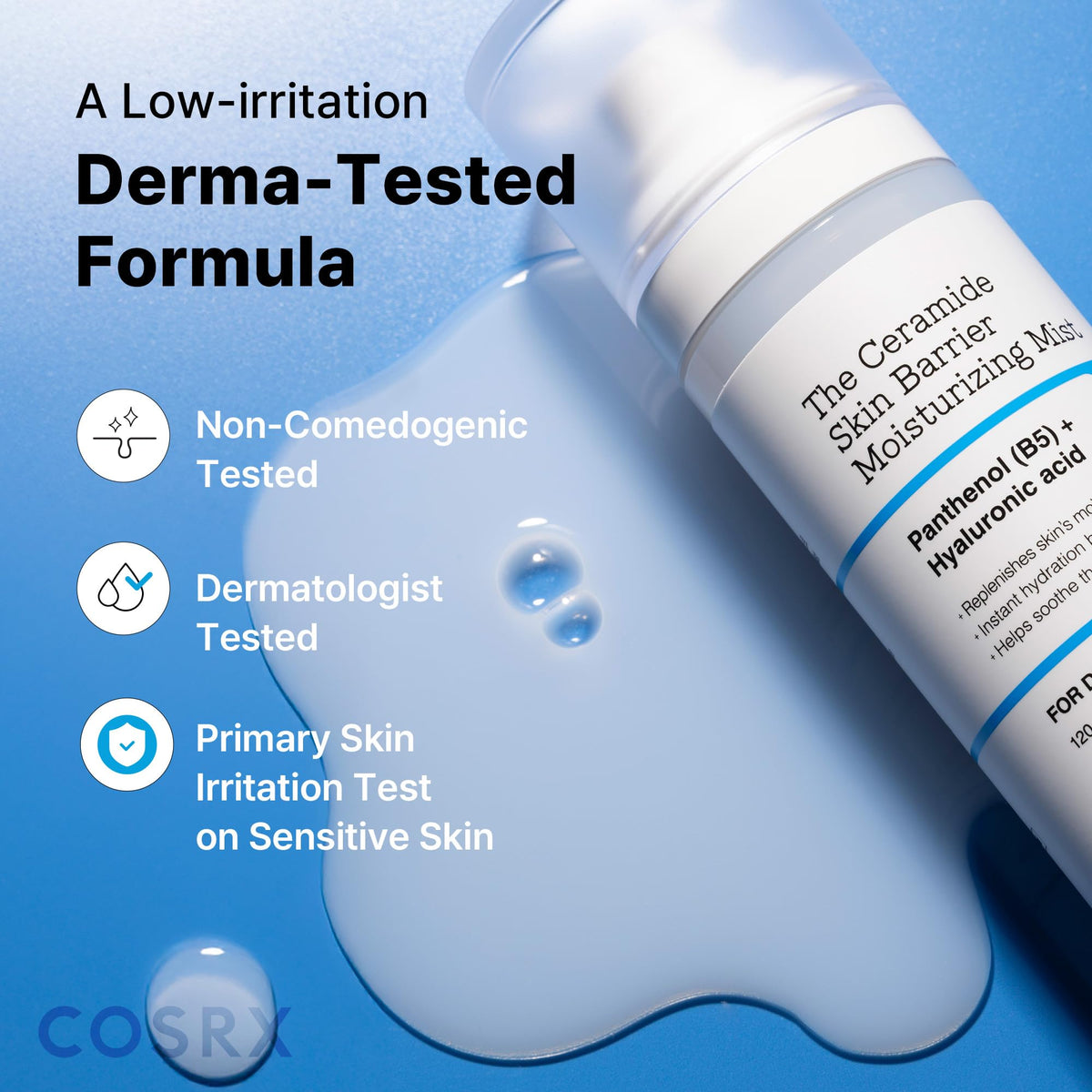COSRX spray close-up releasing ultra-fine mist, shows even application benefit