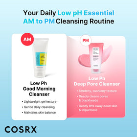 COSRX bottle label visible listing pH-balanced and gentle ingredients
