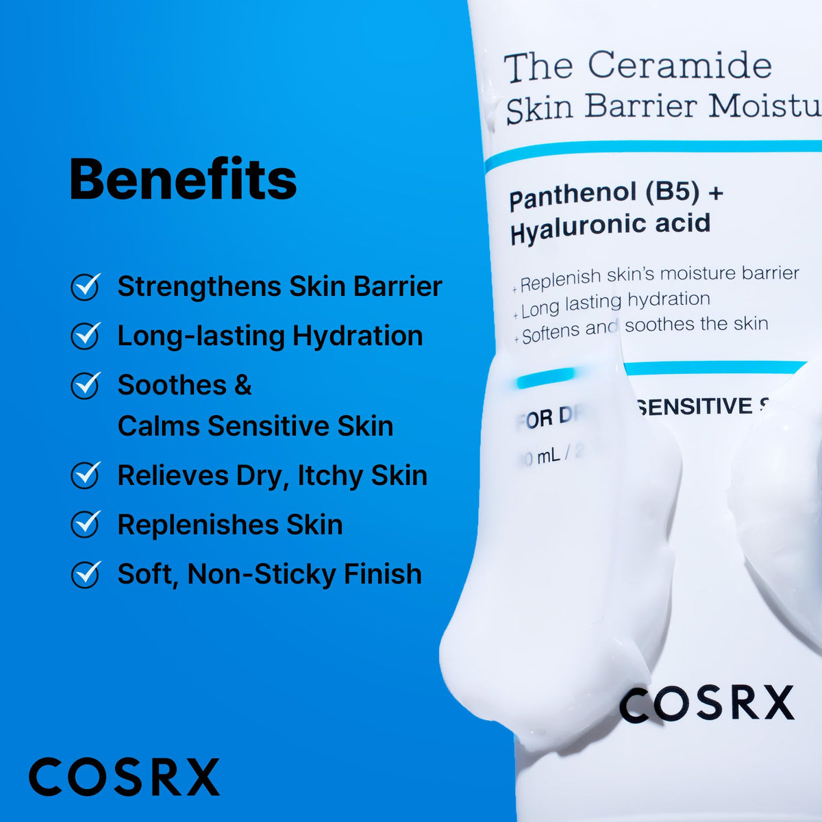 COSRX ingredient label close-up emphasizing ceramide and hyaluronic support