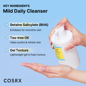 COSRX cleanser in shower setting on shelf, illustrating multiuse face and body benefit