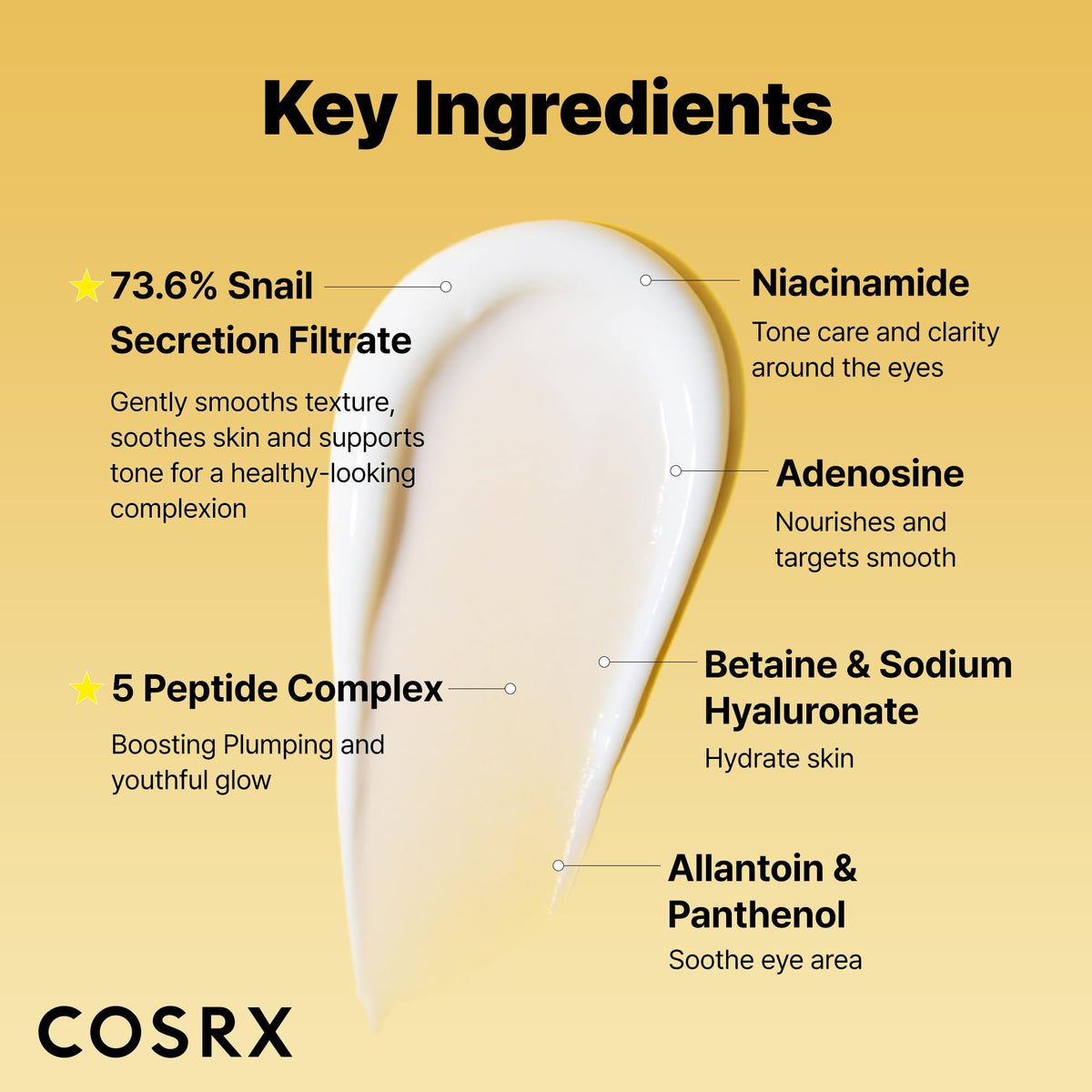 COSRX ingredient label showing snail mucin and niacinamide concentrations benefit