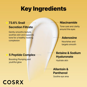 COSRX ingredient label showing snail mucin and niacinamide concentrations benefit